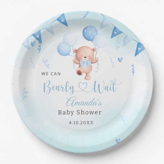 Teady Baby Bear Aquarell Boho Blue Balloons Pappteller (Vorderseite)