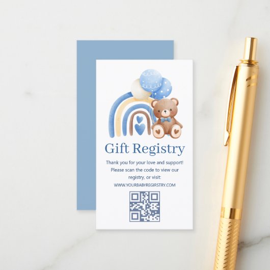 teady bear baby Shower gift registry qr code Begleitkarte (Vorderseite/Rückseite Beispiel)
