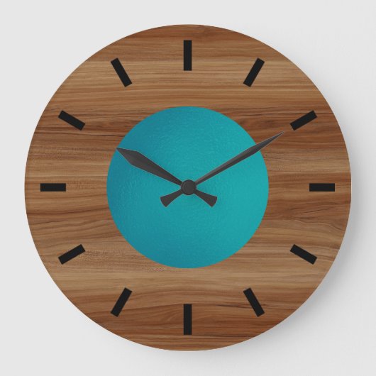 Teak aussehen Aquamarin Türkis Blau modern Groß Große Wanduhr (Vorderseite)