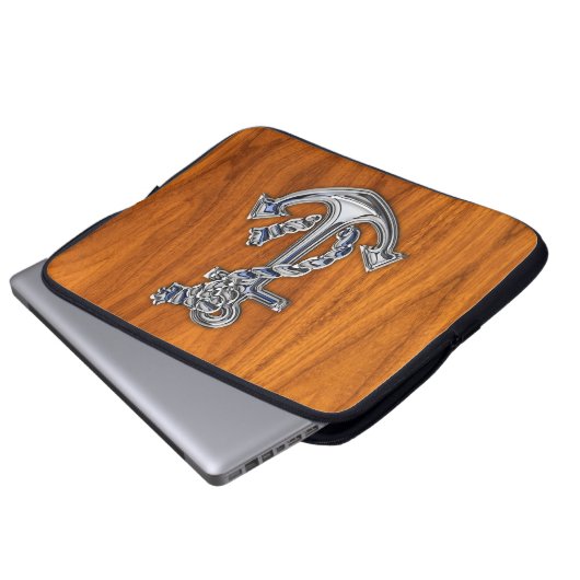 Teak Veneer Dekor mit Anker Laptopschutzhülle (Vorne Knopf)