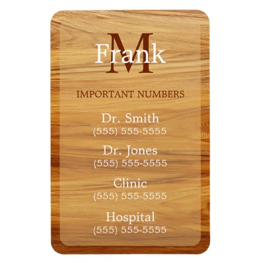 Teak Wood Look Important Phone Numbers Magnet (Vertikal)