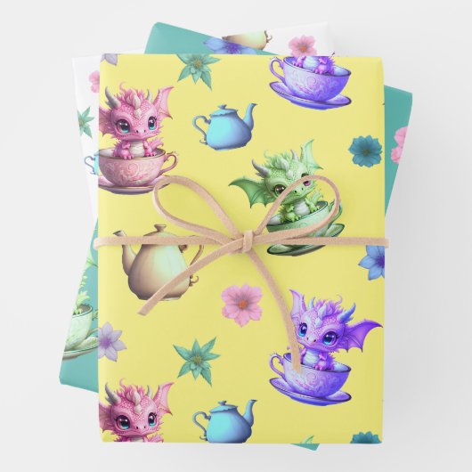 Teakup Dragons mit Teapos und Blume Geschenkpapier Set (Beispiel)