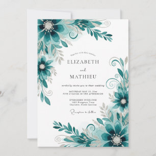 Teal abstrakte Blumige Hochzeit Einladung