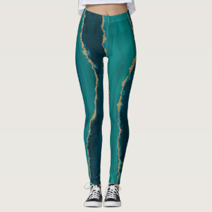 Teal-Achat-Wellen – Abstrakter Marmor mit Gold Leggings