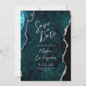 Teal Agate Silver Script Wedding Save the Date Einladung (Vorderseite)