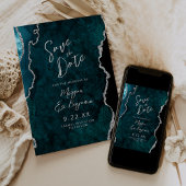 Teal Agate Silver Script Wedding Save the Date Einladung