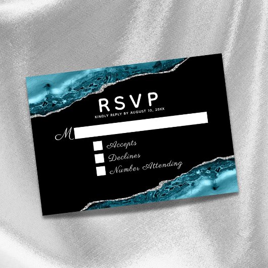 Teal Agate Silver Wedding RSVP Karte
