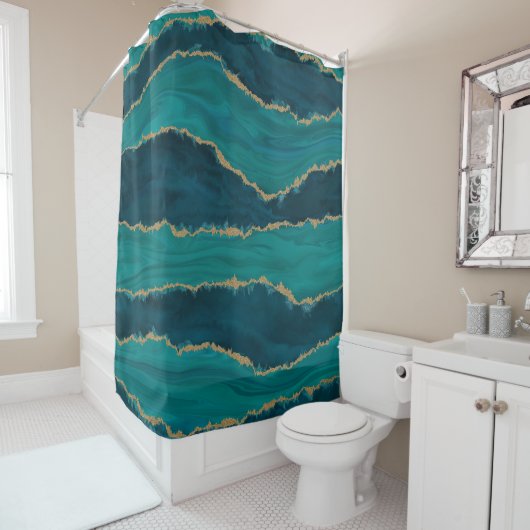 Teal Agate Waves – Abstract Marble with Gold Duschvorhang (Beispiel)