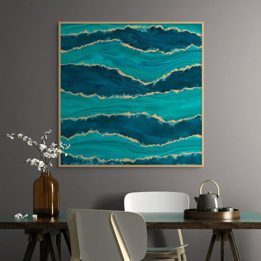 Teal Agate Waves – Abstract Marble with Gold Leinwanddruck