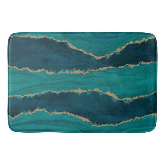 Teal Agate Wellen – Abstrakter Marmor mit Gold Badematte (Vorderseite)