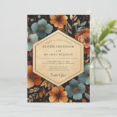 Teal Amber Floral Autumn Wedding Einladung (Stehend Vorderseite)