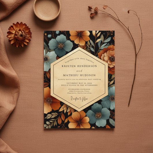 Teal Amber Floral Autumn Wedding Einladung