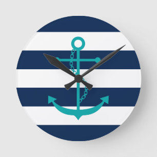 Teal Anchor on Blue Stripes Runde Wanduhr