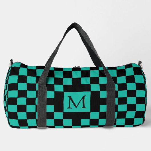 Teal and Black Checkerboard Pattern Monogram Duffle Bag (Vorderseite)