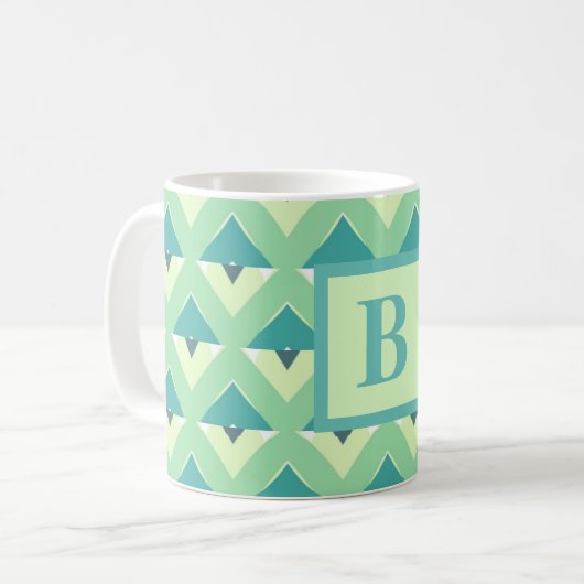 Teal and Blue Geometric Pattern Monogram Kaffeetasse (Vorderseite Links)
