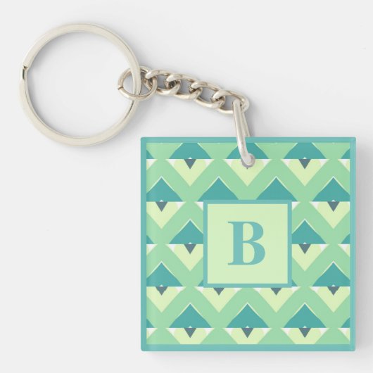 Teal and Blue Geometric Pattern Monogram Schlüsselanhänger (Vorderseite)