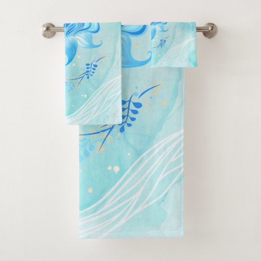 Teal and Blue Lotus Floral Art Badhandtuch Set (Insitu)