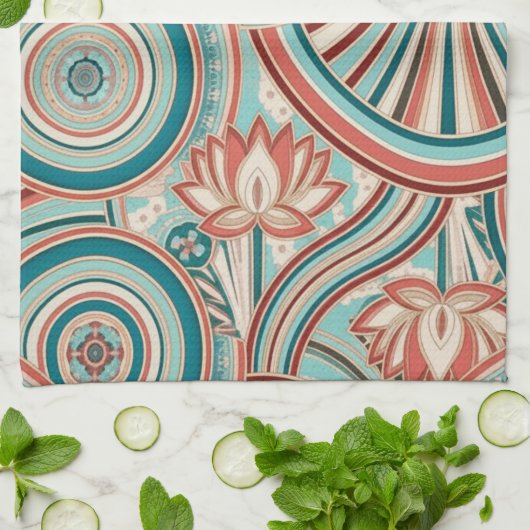 Teal and Coral Nouveau Flow Geschirrtuch (Gefaltet)