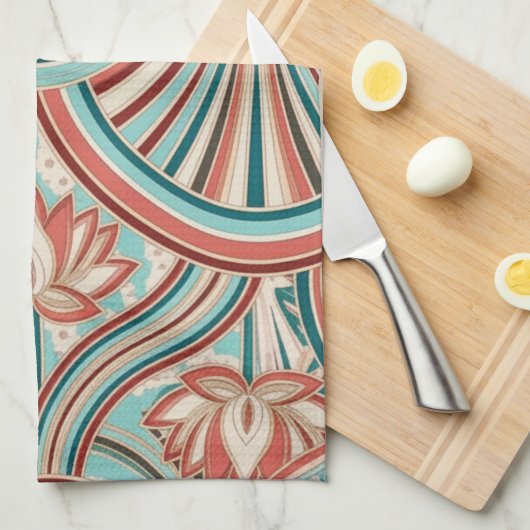 Teal and Coral Nouveau Flow Geschirrtuch (Viertel Falte)