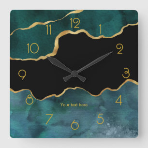 Teal and Gold Agate Personalized Quadratische Wanduhr