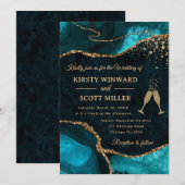 Teal and Gold Glitter Agate Wedding Einladung (Vorne/Hinten)