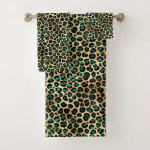 Teal and Gold Leopard Series Design 14 Badhandtuch Set