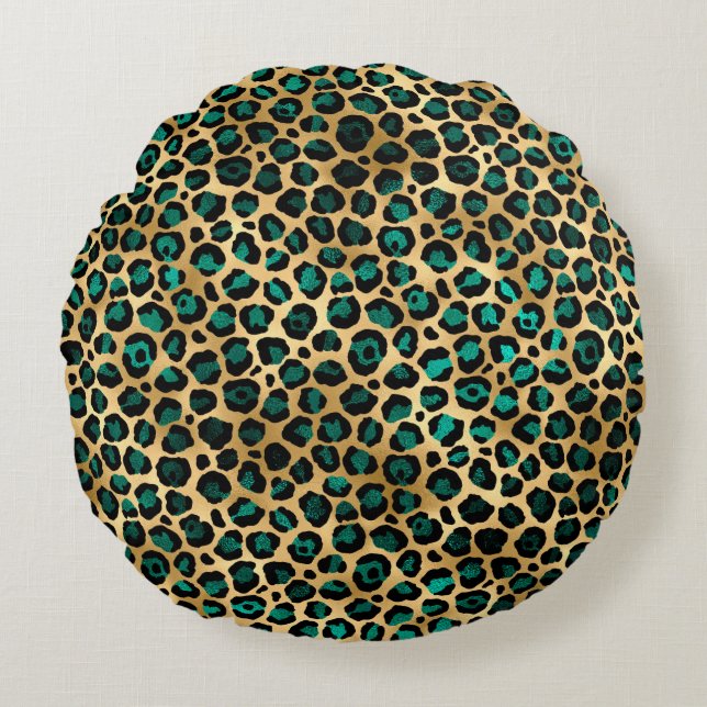 Teal and Gold Leopard Series Design 14 Rundes Kissen (Vorderseite)