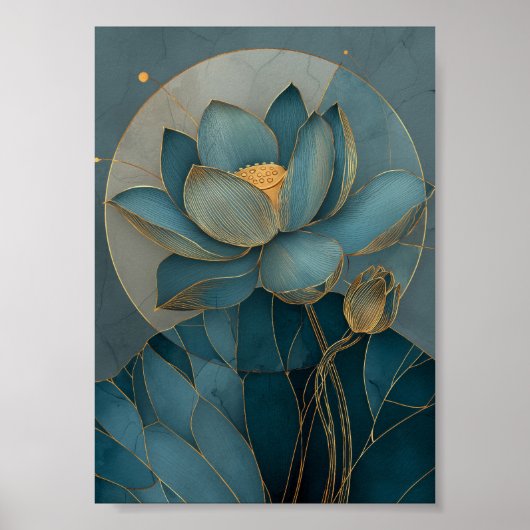 Teal and Gold Lotus Flower Geometric Line Art Zen Poster (Vorne)