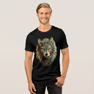 Teal and Gold Steampunk Wolf Art Print Tri-Blend Shirt