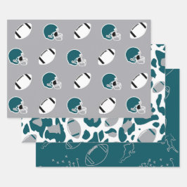 Teal and Gray Football Helmet and Ball Patterns Geschenkpapier Set
