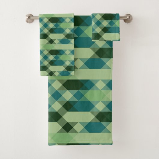 Teal and green geometric pattern badhandtuch set (Insitu)
