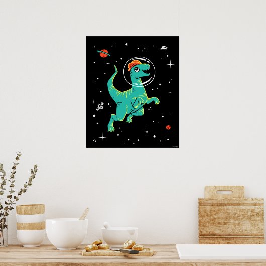 Teal And Orange Dilophosaurus Dinos In Space Poster (Küche)
