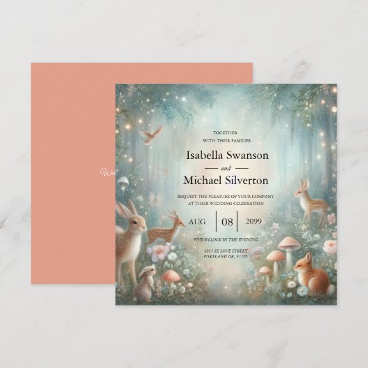 Teal and Peach Enchanted Forest Wedding Einladung (Vorne/Hinten)