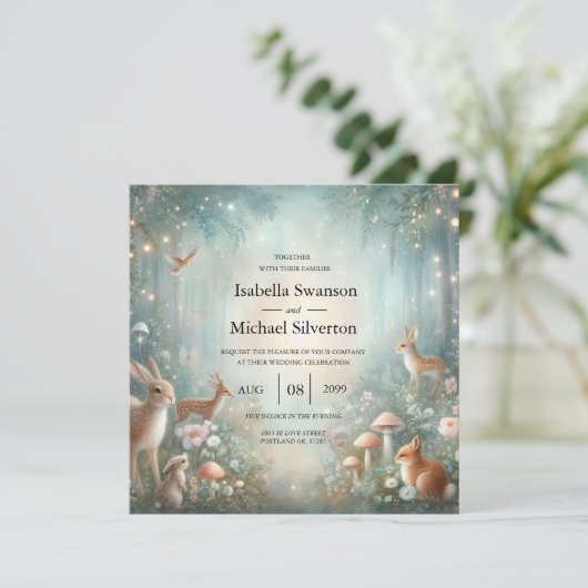 Teal and Peach Enchanted Forest Wedding Einladung (Stehend Vorderseite)