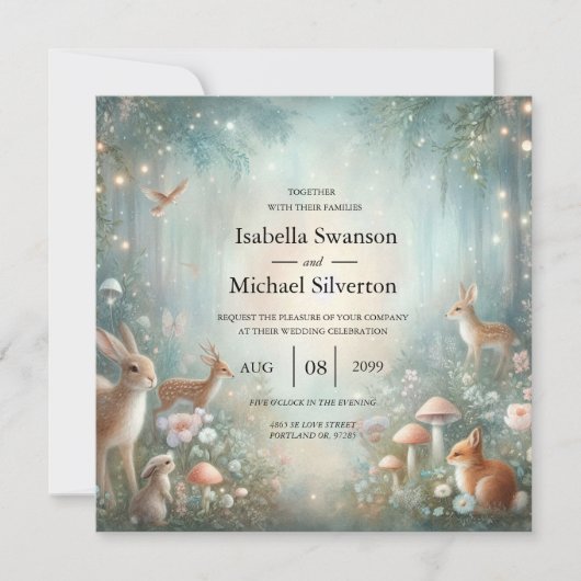 Teal and Peach Enchanted Forest Wedding Einladung (Vorderseite)