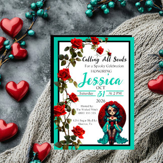 Teal and Red Roses Sugar Skulls Invitation Einladung