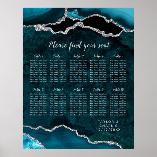 Teal and Silver Agate Wedding Seating Chart Poster (Vorne)
