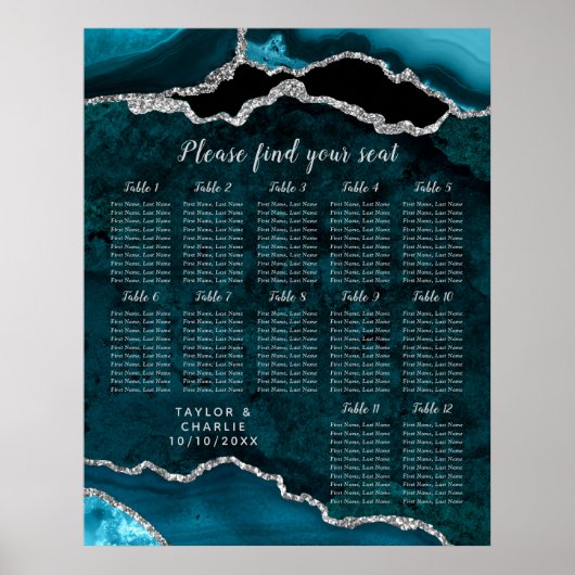 Teal and Silver Agate Wedding Seating Chart Poster (Vorne)