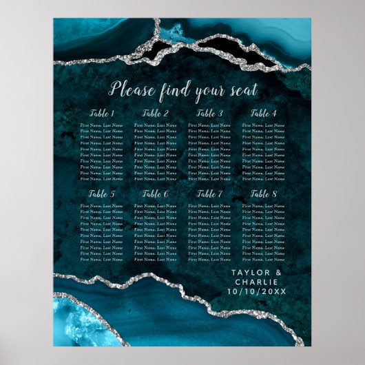 Teal and Silver Agate Wedding Seating Chart Poster (Vorne)