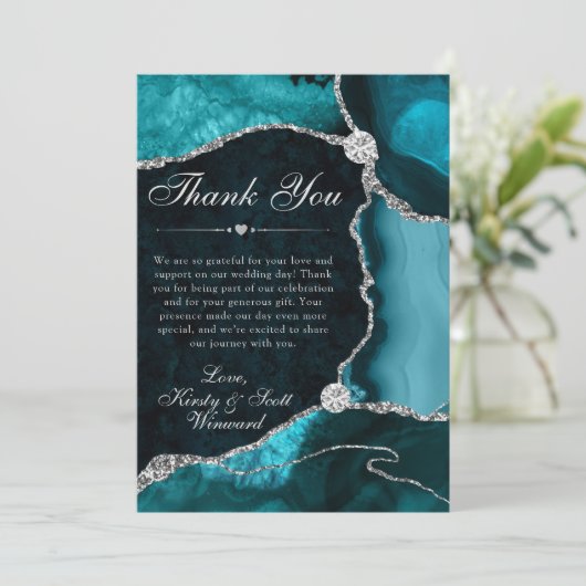 Teal and Silver Faux Glitter Agate Wedding Dankeskarte (Stehend Vorderseite)