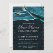 Teal and Silver Glitter Agate Sweet 16 Einladung (Vorderseite)
