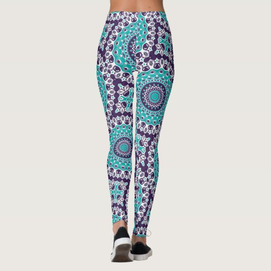 Teal and Violet Abstract Mandala Pattern Leggings (Rückseite)