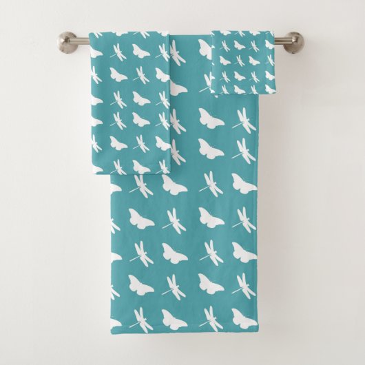 Teal and White Butterfly and Dragonfly Pattern Badhandtuch Set (Insitu)
