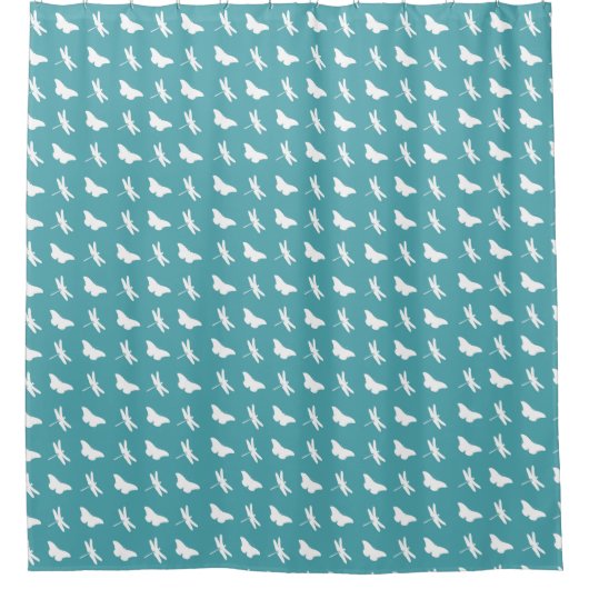 Teal and White Butterfly and Dragonfly Pattern Duschvorhang (Vorderseite)