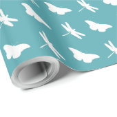 Teal and White Butterfly and Dragonfly Pattern Geschenkpapier (Rolleneckpunkt)