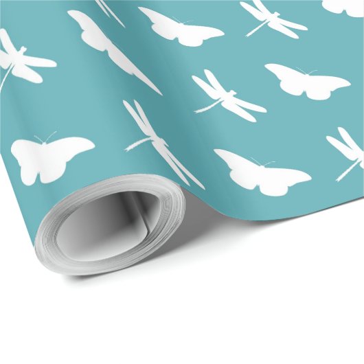 Teal and White Butterfly and Dragonfly Pattern Geschenkpapier (Rolleneckpunkt)