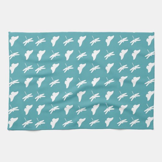 Teal and White Butterfly and Dragonfly Pattern Geschirrtuch (Horizontal)