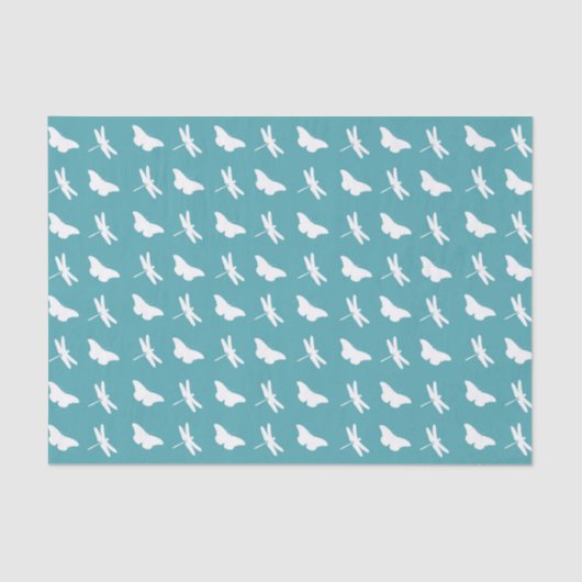 Teal and White Butterfly and Dragonfly Pattern Seidenpapier (Vorderseite)