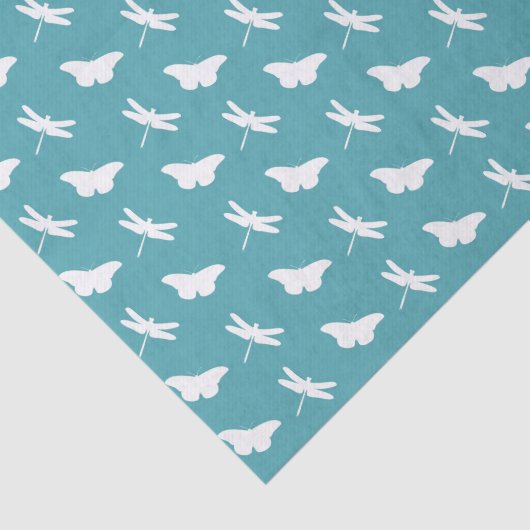 Teal and White Butterfly and Dragonfly Pattern Seidenpapier (Ausschnitt)