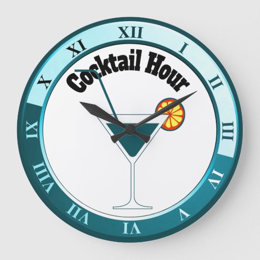Teal and White Cocktail Hour Bar Clock Große Wanduhr (Vorderseite)